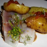 seared tuna with white lardo, pomme de terre, gingered onions, and dill 